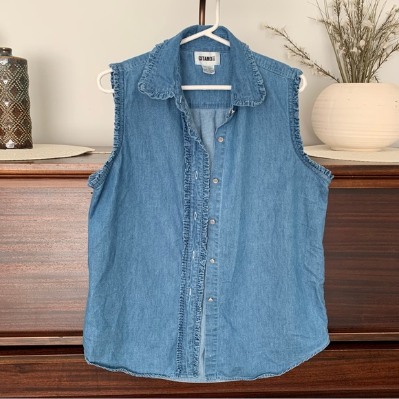 Vintage Gitano Ruffle Button-Front Sleeveless Denim Shirt, Size Large - Picture 2 of 11